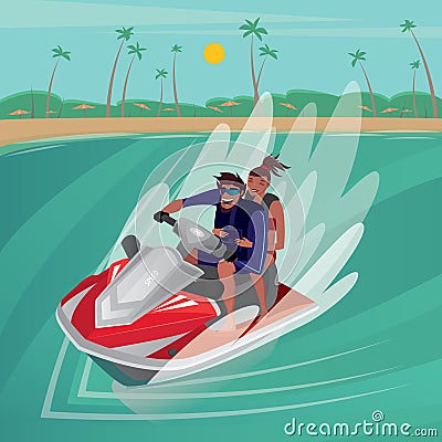 Couple on a water scooter Vector Illustration