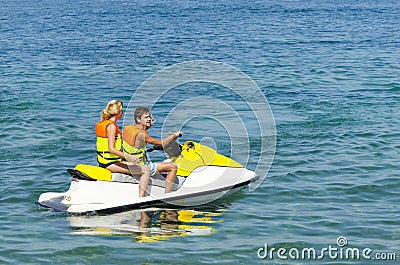 Couple on waverunner jetski ride in the Ionian Sea Stock Photo