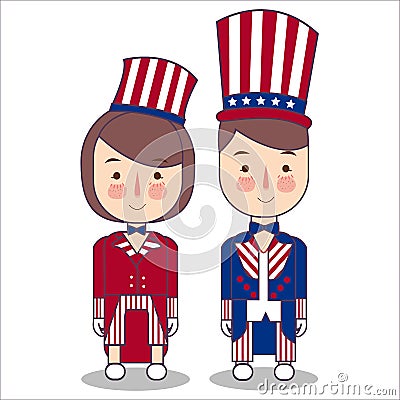 Couple wear celebration USA America patriotism fourth july costume stripes using uncle sam hat vector illustrator Vector Illustration