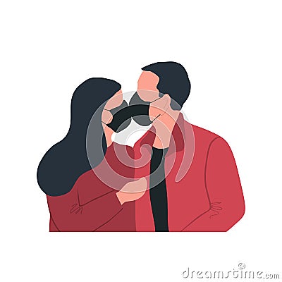 Couple wearing masks kissing. Love during the coronavirus epidemic. Valentine`s Day concept Vector Illustration