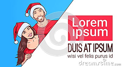 Couple Wearing Santa Hats Hold Banner With Copy Space Man And Woman Winter Holiday Advertisement Christmas Sale Concept Vector Illustration