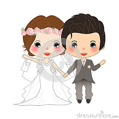Couple Wedding. Cute Woman in Bride Dress and Handsome Man in Groom Tuxedo. Vector. Illustration. Vector Illustration