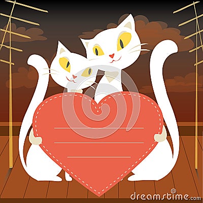 Couple of white cats and red heart Vector Illustration