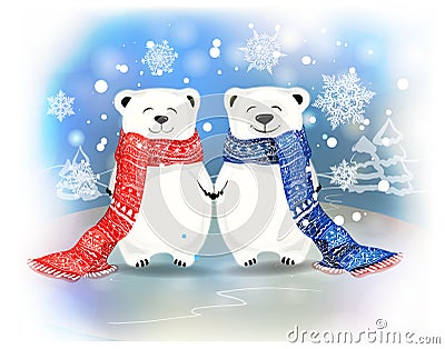 Couple of White little bears with snowflakes.Christmas concept Vector Illustration