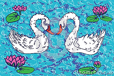Couple of white swan in the lake with pink lotuses, hand drawn doodle, sketch in naÃ¯ve, pop art style Cartoon Illustration