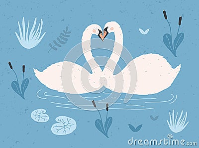 Couple of white swans floating together in water of pond or lake among plants. Pair of cute cartoon wild birds in love Vector Illustration