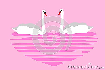 Couple of white swans and pink heart Vector Illustration