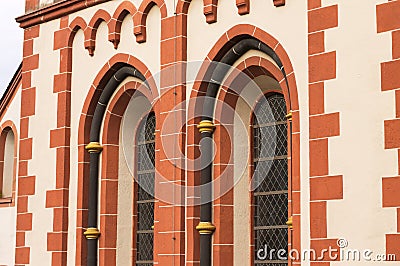 A couple of windows of a gothic tower - Medieval age Bacharach, Germany Stock Photo