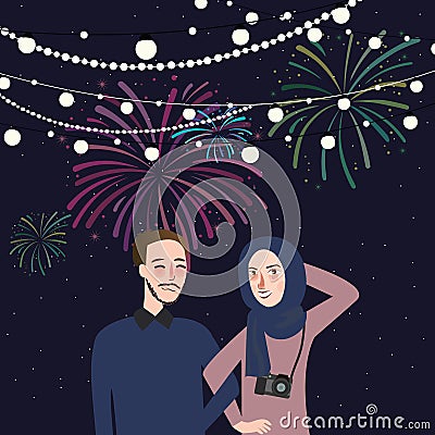 Couple woman wearing scarf veil enjoy firework festival night celebration happy together Cartoon Illustration