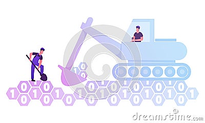 Couple of Workers with Spade and Excavator Digging Hole in Ground made of Binary Code Digits. Data Mining Vector Illustration