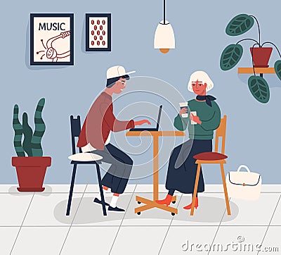 Couple working in cafe. Young man and woman spend time at coffeeshop. Freelancer sitting at table with laptop and girl Vector Illustration