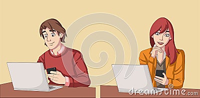 Couple working with computer Vector Illustration