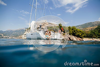 Couple yacht honeymoon sailing luxury cruise Stock Photo