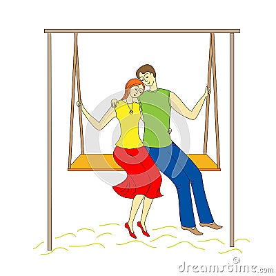 Couple young man and girl swinging on a swing. Happy love. Vector illustation Stock Photo