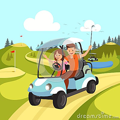 Couple of Young Man and Woman Driving Golf Cart Vector Illustration