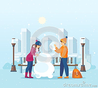 Couple of young man and woman sculpt snowman Vector Illustration