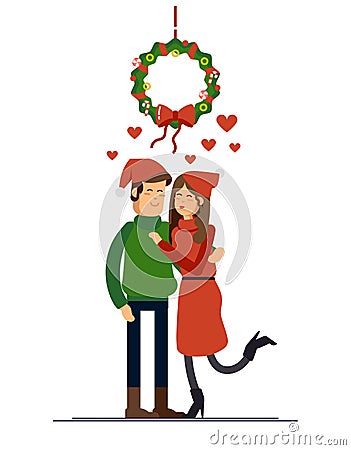 Couple of young people on Christmas Day kissing under the mistletoe wreath. Husband and wife celebrate winter holiday Vector Illustration