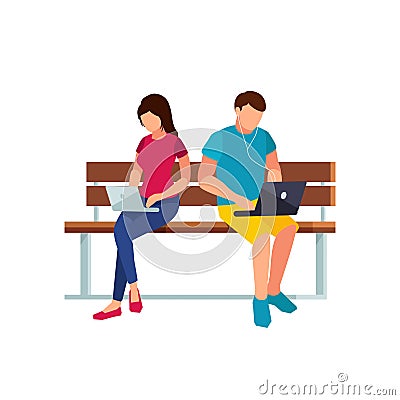 Couple of young people in a flat style of sitting on the bench. Vector Illustration