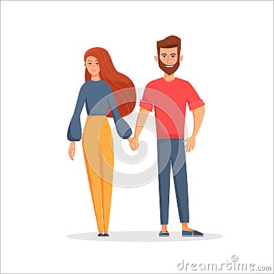 Couple of young people. Man and woman hold hands. Vector character illustration in a flat style on a white background Vector Illustration