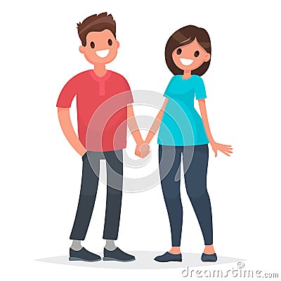 Couple of young people. Man and woman hold hands on a white back Cartoon Illustration