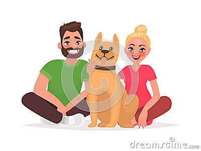 Couple of young people with a pet. Husband and wife with a dog. Cartoon Illustration