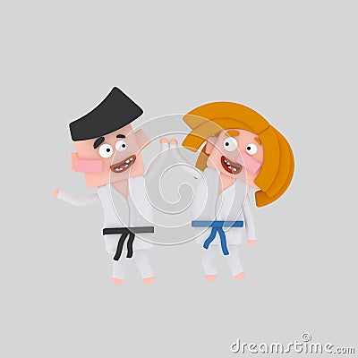 Couple young practicing karate 3D Cartoon Illustration
