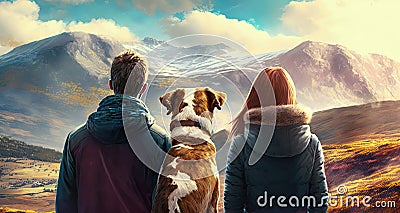 Couple young teen hugging golden puppy on the mountain with beatidul view Stock Photo