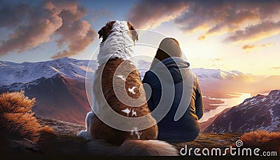 Couple young teen hugging golden puppy on the mountain with beatidul view Stock Photo