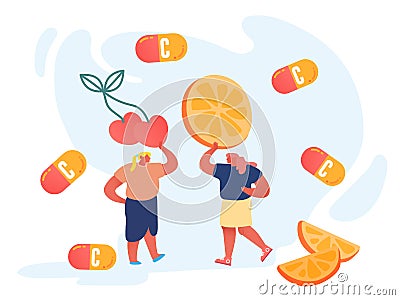 Couple of Young Women Holding Huge Cherry and Orange Slice. Vitamins Healthy Organic Food Choice. Fortified Products Vector Illustration