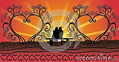 Couples on the bench monogram frames Vector Illustration