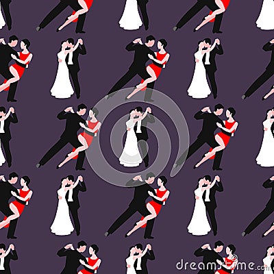 Couples dancing latin american romantic person people dance man with woman tango pose seamless pattern background vector Vector Illustration