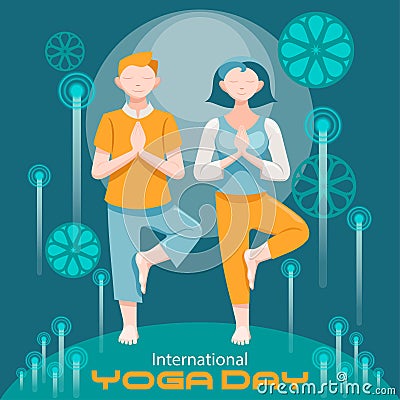 Couples doing yoga with a abstract background Vector Illustration