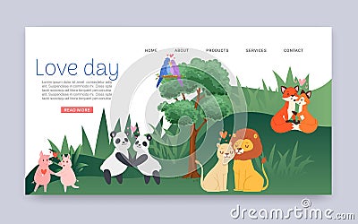 Couples in love cartoon animal lovers characters panda, lions, foxes and pigs on loving date on Valentines day loved Vector Illustration