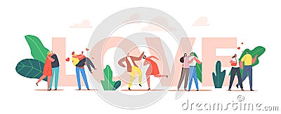 Couples in Love Concept. Man Woman in Loving Relations Walking, Boyfriend Carry Girl on Hands, Pair Dance in Restaurant Vector Illustration