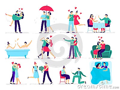 Couples in love. Love couple on date, lover makes proposal to sweetheart in restaurant. Hugs and kisses vector Vector Illustration