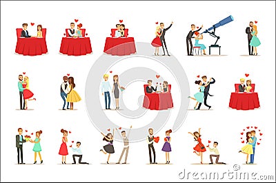 Couples In Love Romantic St. Valentine s Day Date, Lovers And Romance Set Of Vector Illustrations Vector Illustration