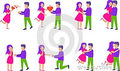 Romantic surprise. Couples in love set. Vector illustration in flat style isolated on white background Vector Illustration