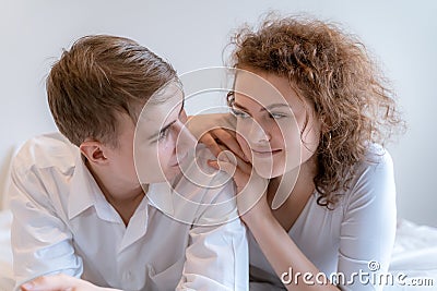 Couples are sending their eyes in the romantic atmosphere on the bed, Valentines Day concept Stock Photo