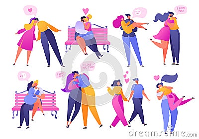 Set of people in love. Valentine dating set. Romantic vector illustration on love story theme. Happy flat people character embrace Vector Illustration