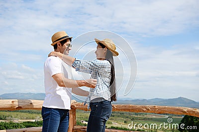 Couples showing love and happy to travel anywhere. Stock Photo