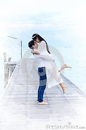 Couples showing love and happy to travel anywhere. Stock Photo