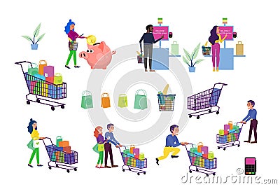 Couples and single people shopping in supermarket set. Vector Illustration