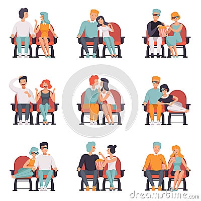 Couples sitting in cinema theatre and watching movie set, men and women on movie date vector Vector Illustration