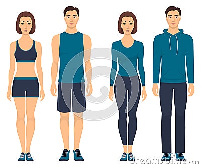 Couples in sportswear. Young men and women standing in full growth in different sports clothes for exercises in gym, running, fitn Cartoon Illustration