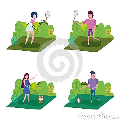 Couples walking with dogs and outdoor healthy life Vector Illustration