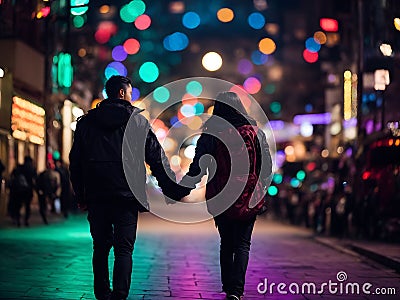 Couples walking hand in hand at night with bright lights Stock Photo