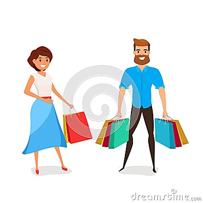 Couples of young shopping. Boy and girl holding shopping bags Vector Illustration