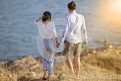 Couples of younger man and woman vacation traveling and relaxing Stock Photo