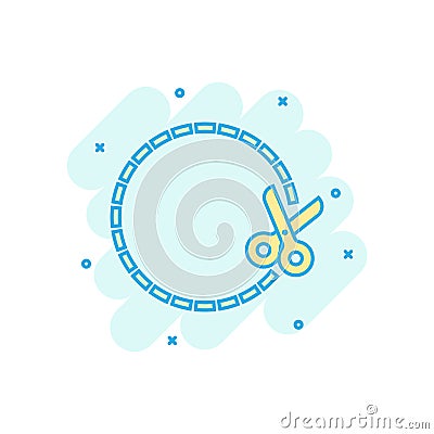 Coupon cut lines icon in comic style. Scissors snip vector cartoon illustration on white isolated background. Sale sticker Vector Illustration