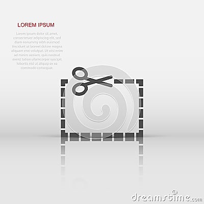 Coupon cut lines icon in flat style. Scissors snip sign vector illustration on white isolated background. Sale sticker business Vector Illustration